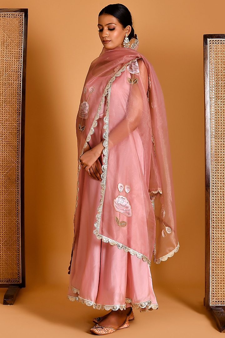 Rose Gold Satin Silk Printed & Embroidered Anarkali Set by Bannhi at Pernia's Pop Up Shop