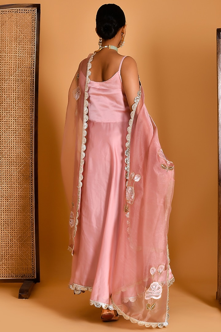 Rose Gold Satin Silk Printed & Embroidered Party Wear Anarkali Set by Bannhi by Priyanka Rathore at Pernia's Pop Up Shop