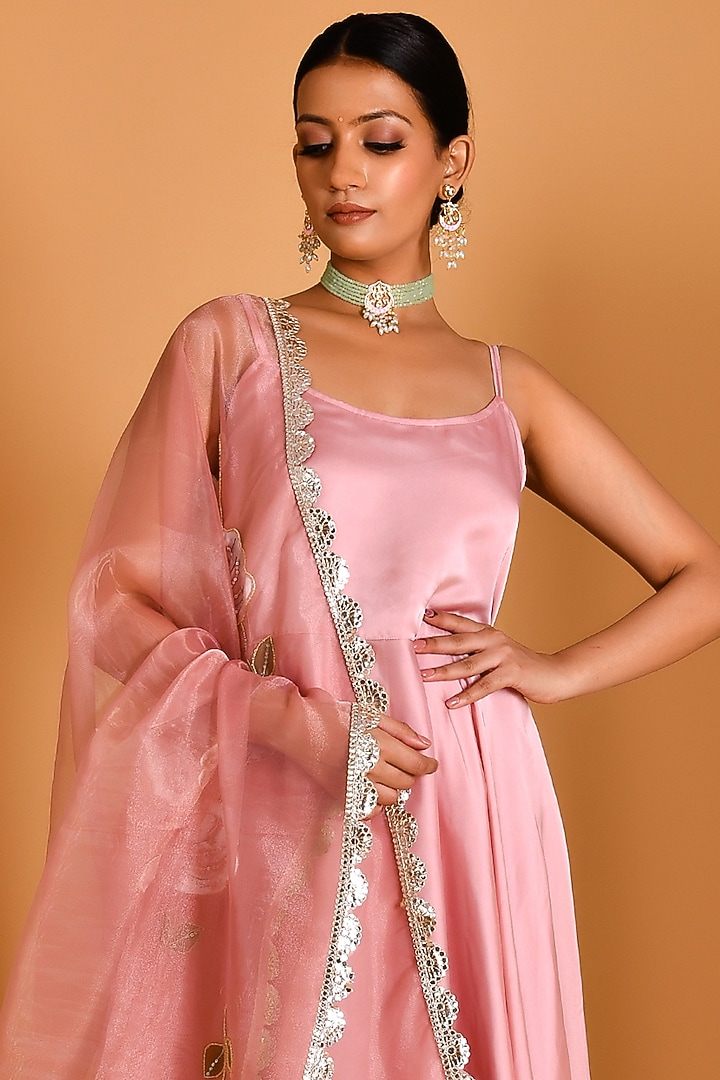 Rose Gold Satin Silk Printed & Embroidered Party Wear Anarkali Set by Bannhi by Priyanka Rathore at Pernia's Pop Up Shop