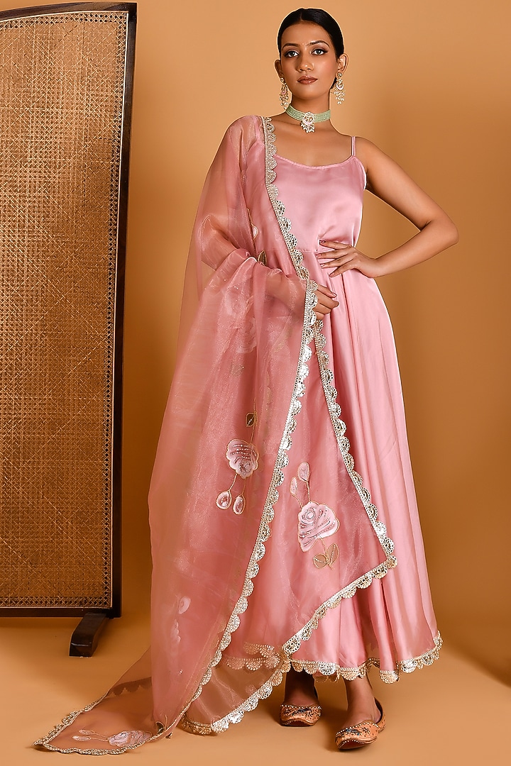 Rose Gold Satin Silk Printed & Embroidered Party Wear Anarkali Set by Bannhi by Priyanka Rathore at Pernia's Pop Up Shop