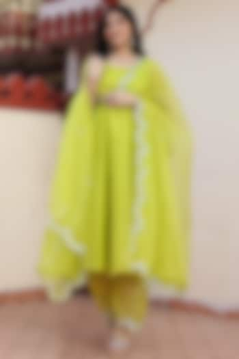 Lime Green Organza Aari Embroidered Anarkali Set by Bannhi at Pernia's Pop Up Shop