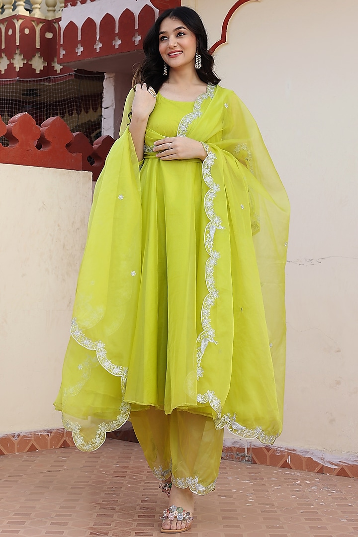 Lime Green Organza Aari Embroidered Anarkali Set by Bannhi at Pernia's Pop Up Shop