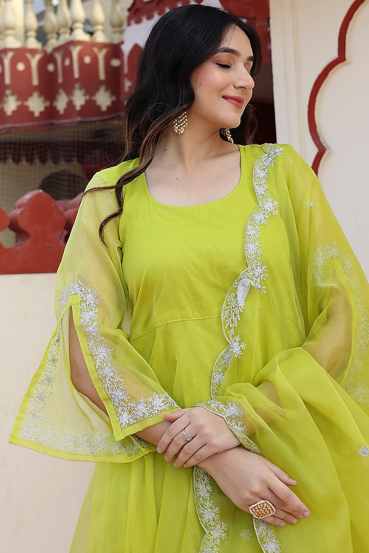 Lime Green Organza Aari Embroidered Party Wear Anarkali Set by Bannhi by Priyanka Rathore at Pernia's Pop Up Shop