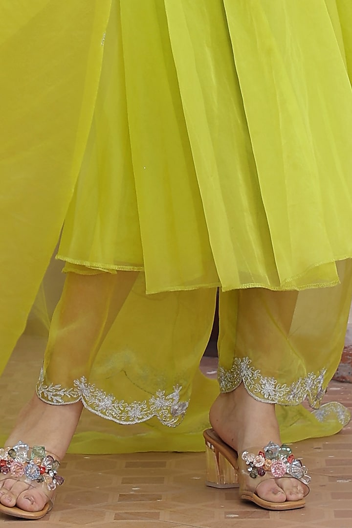 Lime Green Organza Aari Embroidered Party Wear Anarkali Set by Bannhi by Priyanka Rathore at Pernia's Pop Up Shop