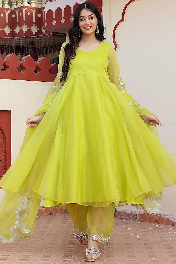 Lime Green Organza Aari Embroidered Party Wear Anarkali Set by Bannhi by Priyanka Rathore at Pernia's Pop Up Shop
