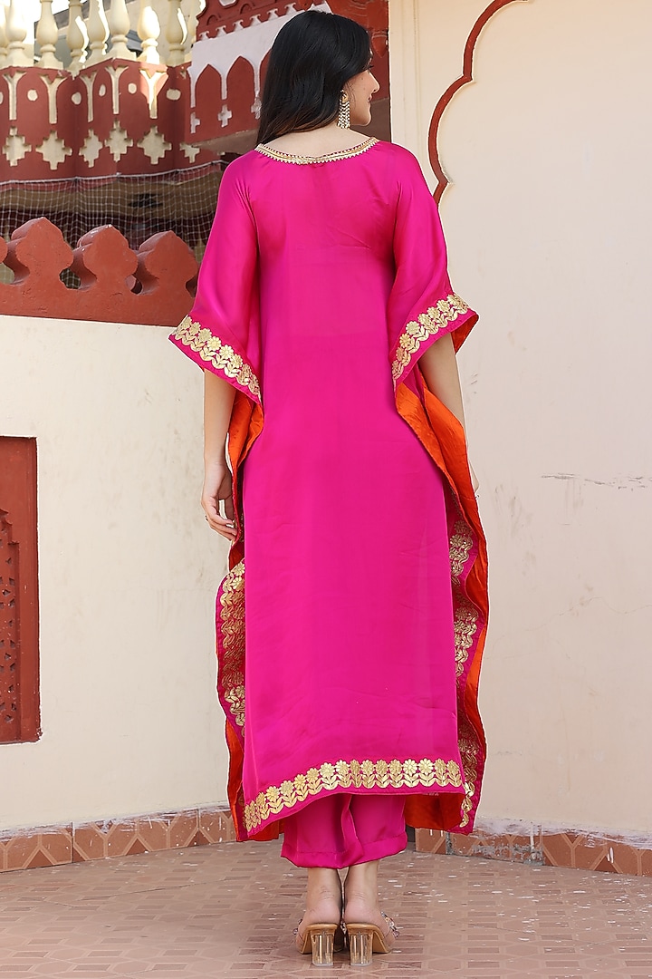 Pink Satin Silk Gota Embroidered Kaftan Set by Bannhi by Priyanka Rathore at Pernia's Pop Up Shop
