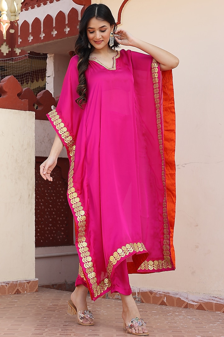 Pink Satin Silk Gota Embroidered Kaftan Set by Bannhi by Priyanka Rathore at Pernia's Pop Up Shop