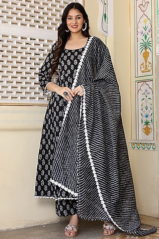Black Cotton Block Printed Anarkali Set by Bannhi by Priyanka Rathore