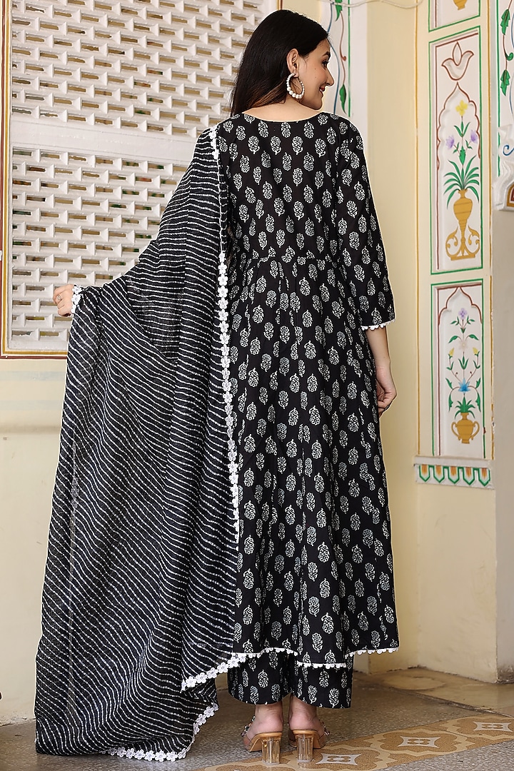 Black Cotton Block Printed Anarkali Set by Bannhi by Priyanka Rathore at Pernia's Pop Up Shop