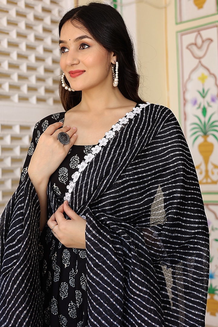Black Cotton Block Printed Anarkali Set by Bannhi by Priyanka Rathore at Pernia's Pop Up Shop
