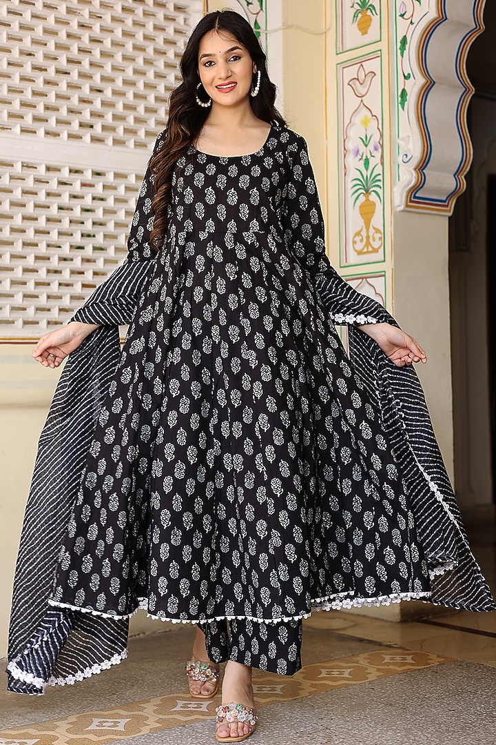 Black Cotton Block Printed Anarkali Set by Bannhi by Priyanka Rathore at Pernia's Pop Up Shop