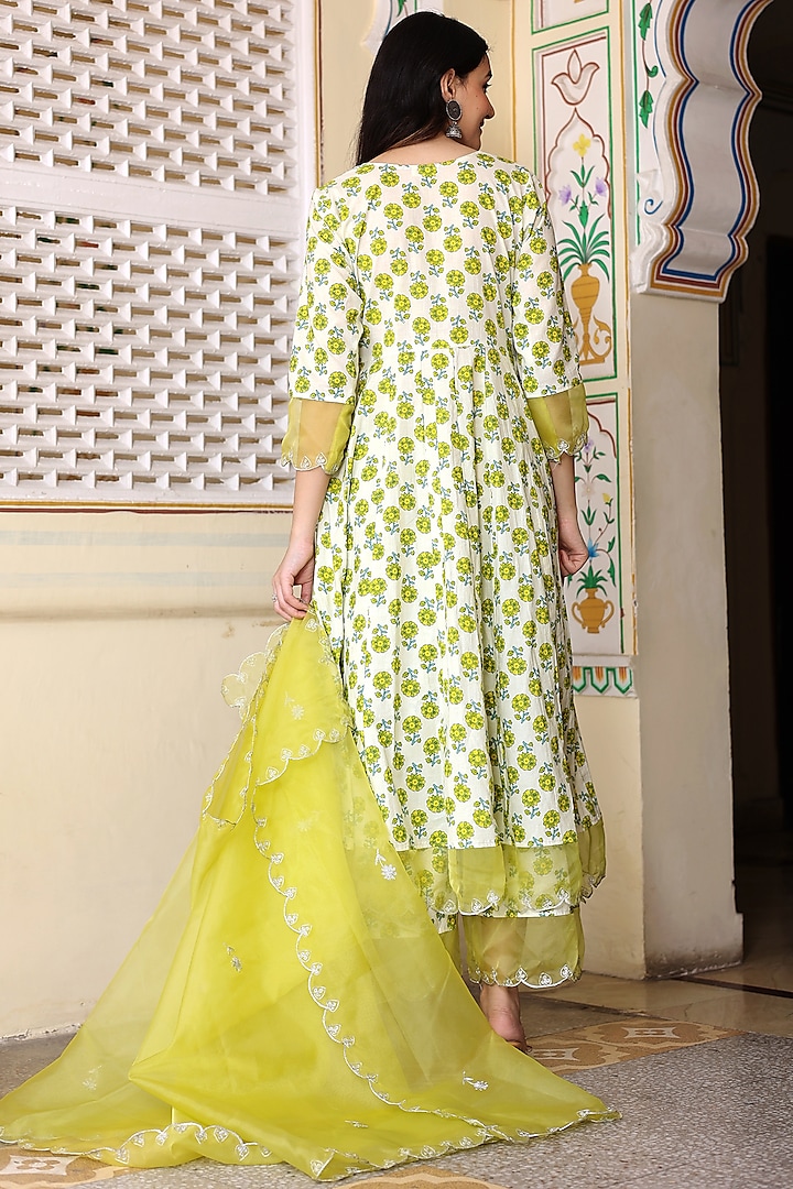Ivory & Green Cotton Block Printed Party Wear Anarkali Set by Bannhi by Priyanka Rathore at Pernia's Pop Up Shop