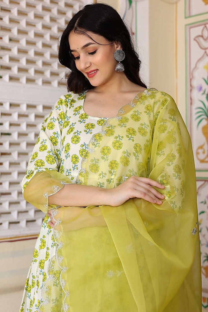 Ivory & Green Cotton Block Printed Party Wear Anarkali Set by Bannhi by Priyanka Rathore at Pernia's Pop Up Shop