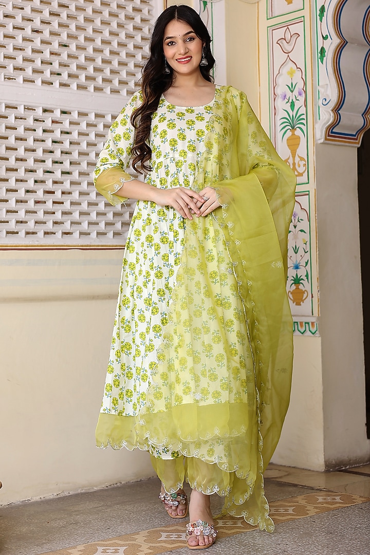 Ivory & Green Cotton Block Printed Party Wear Anarkali Set by Bannhi by Priyanka Rathore at Pernia's Pop Up Shop