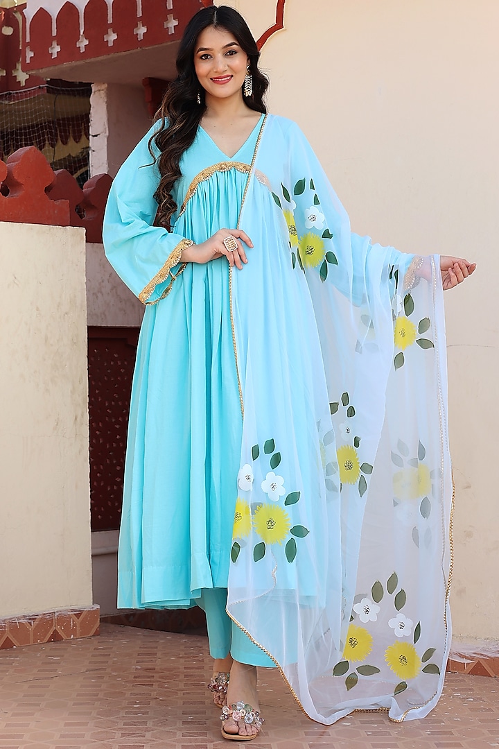 Blue Cotton Anarkali Set by Bannhi at Pernia's Pop Up Shop