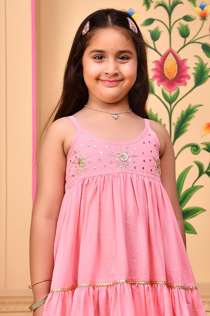 Pink Cotton Gota Lace Embellished Anarkali Set For Girls by Bannhi by Priyanka Rathore - kids at Pernia's Pop Up Shop
