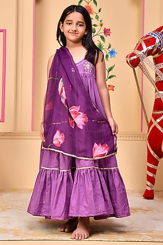 Purple Cotton Gota Lace Embellished Anarkali Set For Girls by Bannhi by Priyanka Rathore - kids