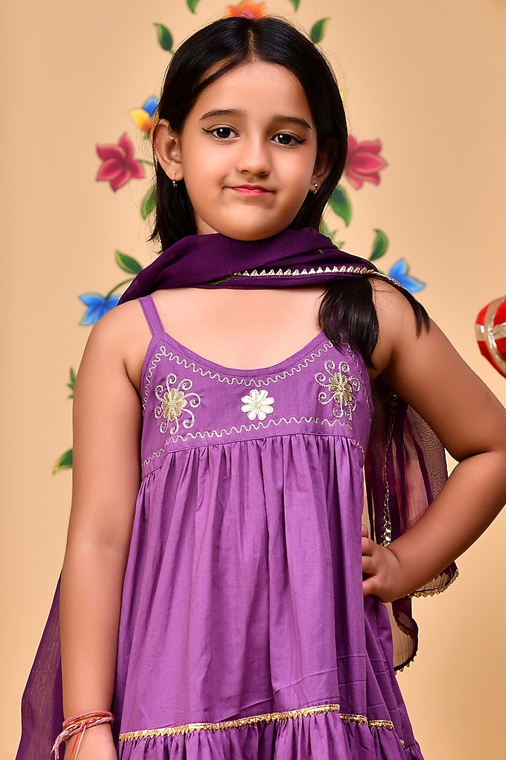 Purple Cotton Gota Lace Embellished Anarkali Set For Girls by Bannhi by Priyanka Rathore - kids at Pernia's Pop Up Shop