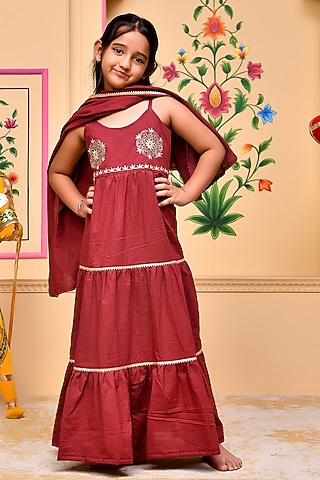 Maroon Cotton Gota Lace Embellished Anarkali Set For Girls by Bannhi by Priyanka Rathore - kids
