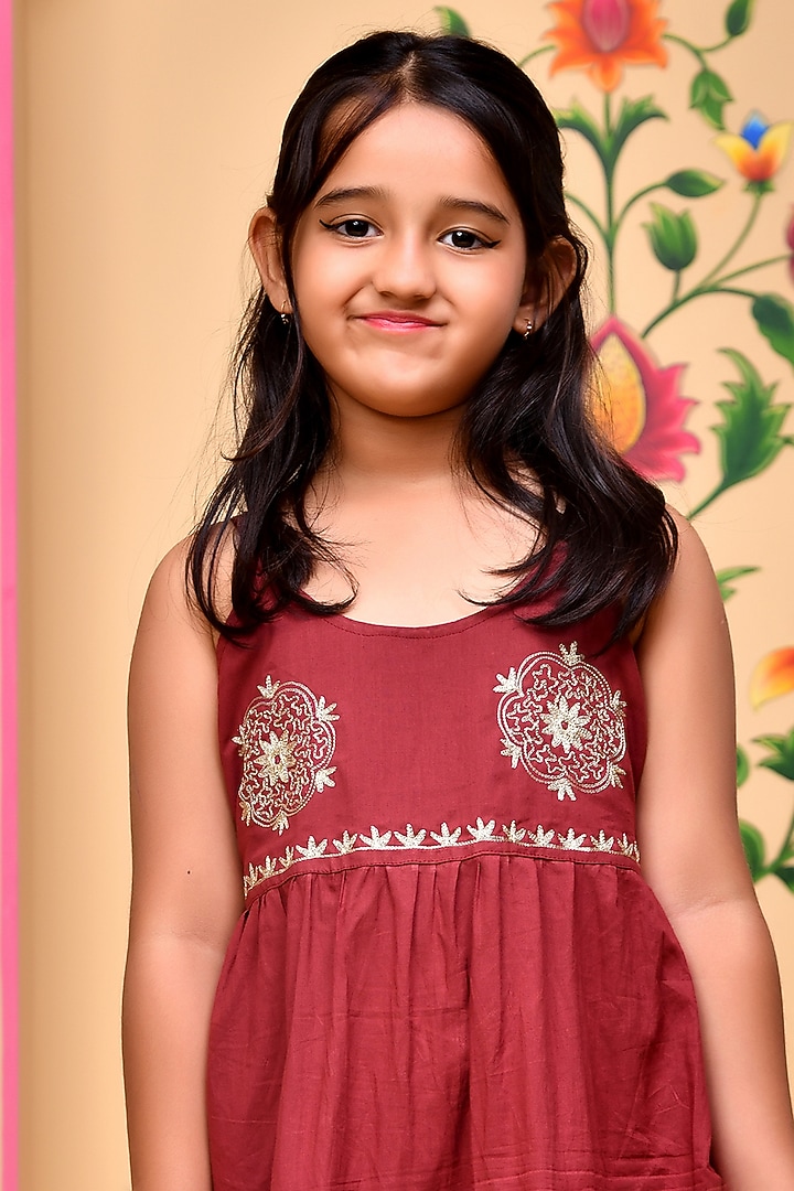 Maroon Cotton Gota Lace Embellished Anarkali Set For Girls by Bannhi by Priyanka Rathore - kids at Pernia's Pop Up Shop