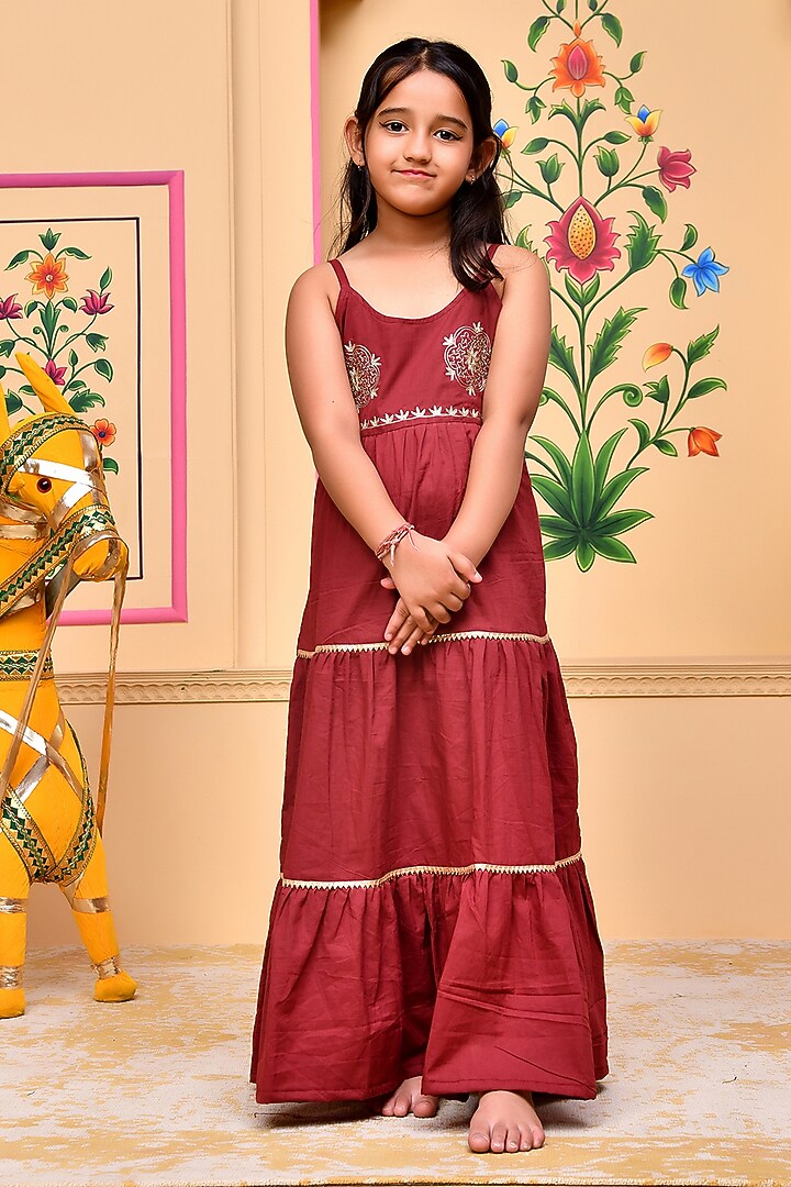 Maroon Cotton Gota Lace Embellished Anarkali Set For Girls by Bannhi by Priyanka Rathore - kids at Pernia's Pop Up Shop