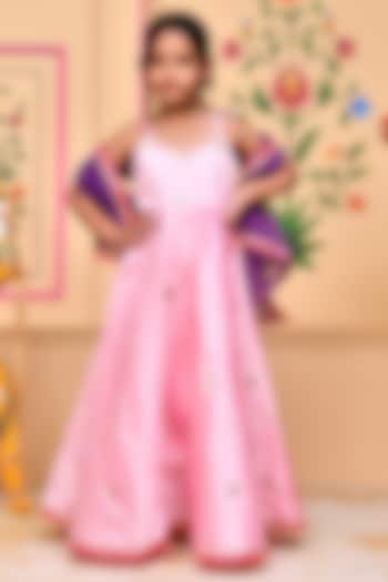 Pink Taffeta Silk Applique Embellished Anarkali Set For Girls by Bannhi by Priyanka Rathore - kids at Pernia's Pop Up Shop