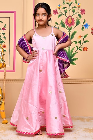 Pink Taffeta Silk Applique Embellished Anarkali Set For Girls by Bannhi by Priyanka Rathore - kids