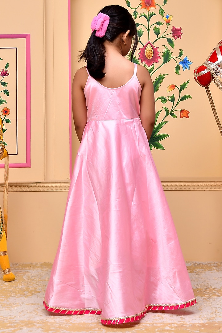 Pink Taffeta Silk Applique Embellished Anarkali Set For Girls by Bannhi by Priyanka Rathore - kids at Pernia's Pop Up Shop