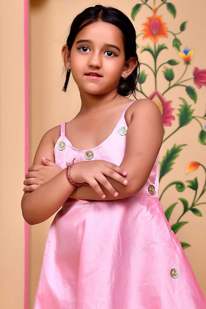 Pink Taffeta Silk Applique Embellished Anarkali Set For Girls by Bannhi by Priyanka Rathore - kids at Pernia's Pop Up Shop