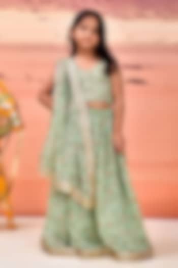 Green Chiffon Floral Printed Lehenga Set For Girls by Bannhi by Priyanka Rathore - kids at Pernia's Pop Up Shop