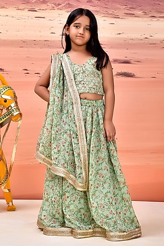 Green Chiffon Floral Printed Lehenga Set For Girls by Bannhi by Priyanka Rathore - kids
