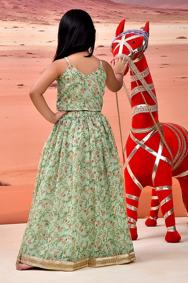 Green Chiffon Floral Printed Lehenga Set For Girls by Bannhi by Priyanka Rathore - kids at Pernia's Pop Up Shop