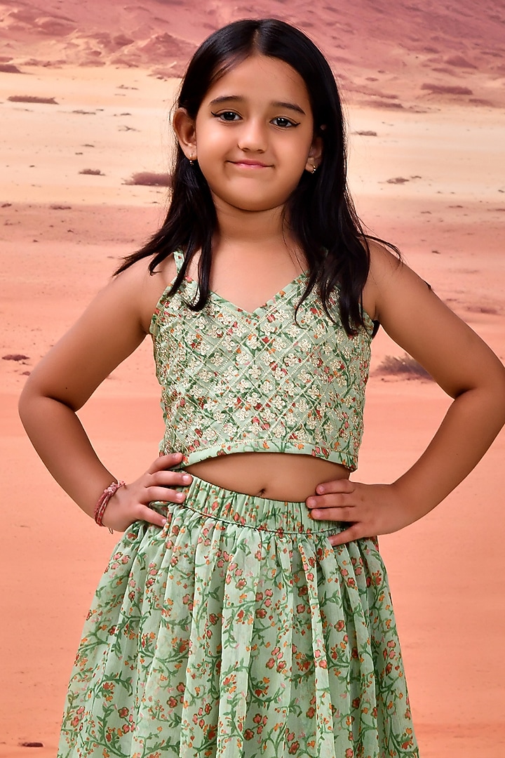 Green Chiffon Floral Printed Lehenga Set For Girls by Bannhi by Priyanka Rathore - kids at Pernia's Pop Up Shop