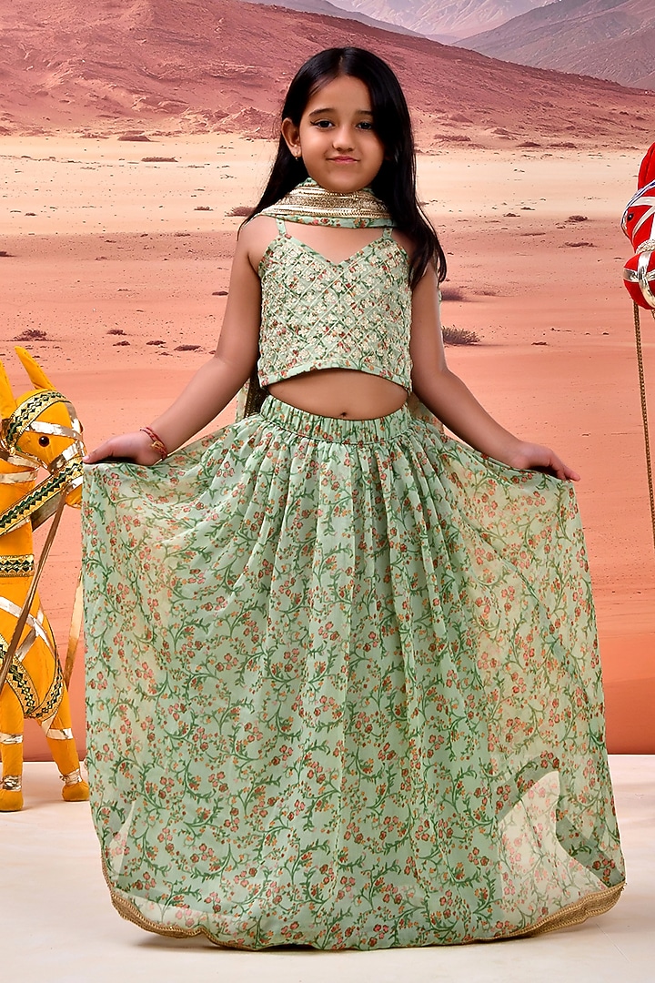 Green Chiffon Floral Printed Lehenga Set For Girls by Bannhi by Priyanka Rathore - kids at Pernia's Pop Up Shop