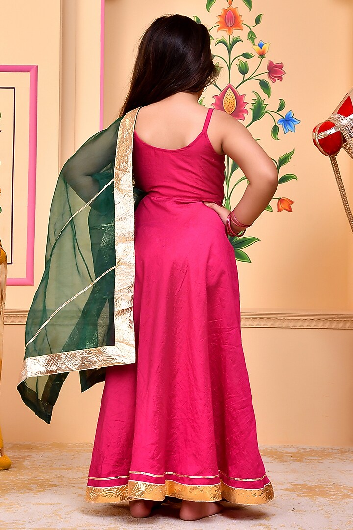 Magenta Chanderi Applique Embellished Anarkali Set For Girls by Bannhi by Priyanka Rathore - kids at Pernia's Pop Up Shop