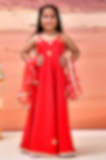 Red Cotton Silk Applique Embellished Anarkali Set For Girls by Bannhi by Priyanka Rathore - kids at Pernia's Pop Up Shop
