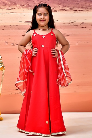 Red Cotton Silk Applique Embellished Anarkali Set For Girls by Bannhi by Priyanka Rathore - kids