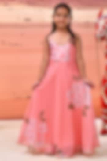 Pink Doirya Silk Floral Printed & Embellished Anarkali Set For Girls by Bannhi by Priyanka Rathore - kids at Pernia's Pop Up Shop