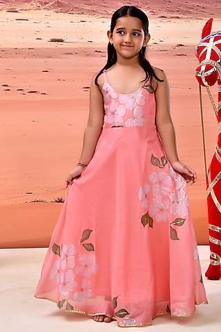 Pink Doirya Silk Floral Printed & Embellished Anarkali Set For Girls by Bannhi by Priyanka Rathore - kids