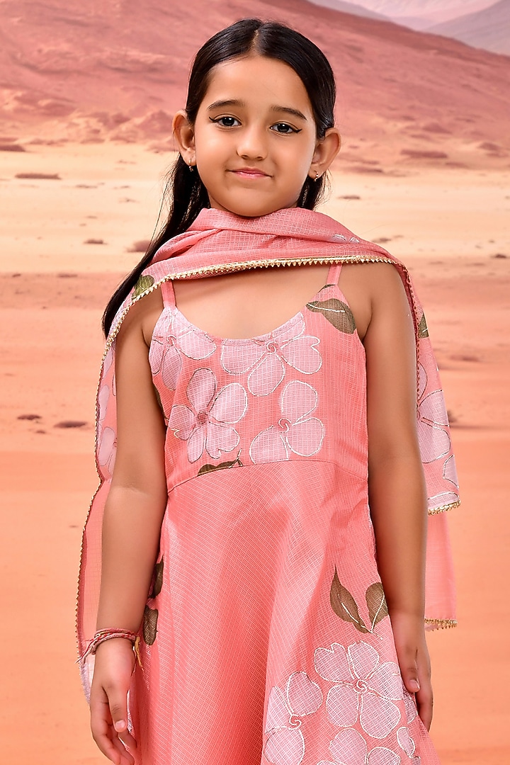 Pink Doirya Silk Floral Printed & Embellished Anarkali Set For Girls by Bannhi by Priyanka Rathore - kids at Pernia's Pop Up Shop