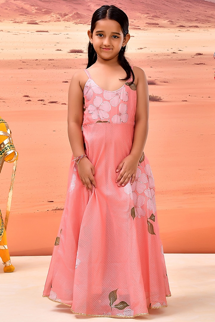 Pink Doirya Silk Floral Printed & Embellished Anarkali Set For Girls by Bannhi by Priyanka Rathore - kids at Pernia's Pop Up Shop