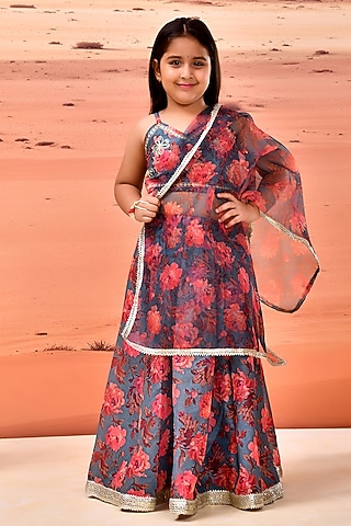 Grey Chanderi Floral Printed Lehenga Set For Girls by Bannhi by Priyanka Rathore - kids