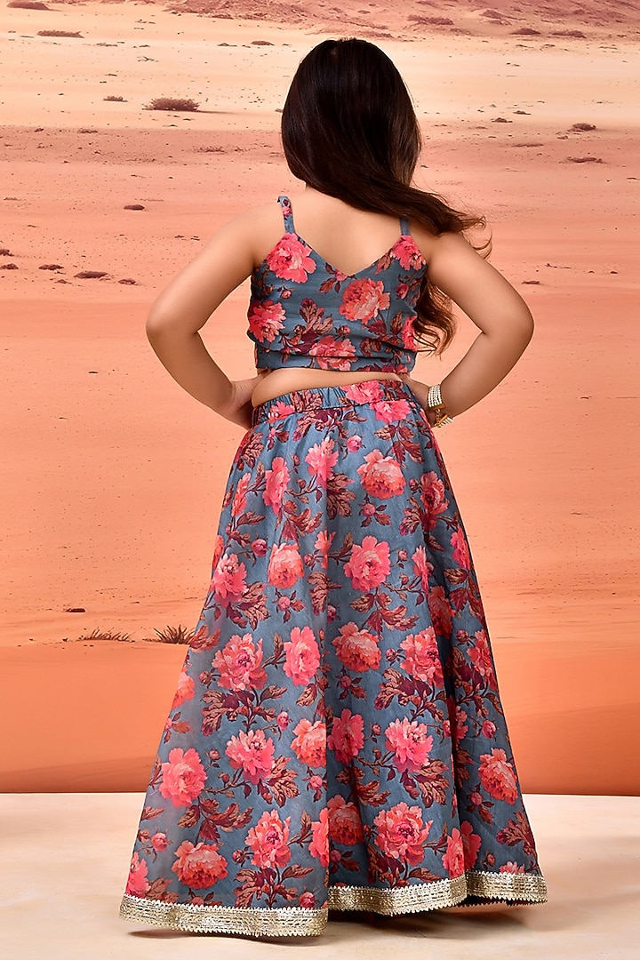 Grey Chanderi Floral Printed Lehenga Set For Girls by Bannhi by Priyanka Rathore - kids at Pernia's Pop Up Shop