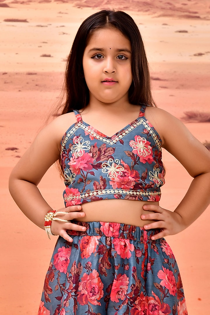Grey Chanderi Floral Printed Lehenga Set For Girls by Bannhi by Priyanka Rathore - kids at Pernia's Pop Up Shop
