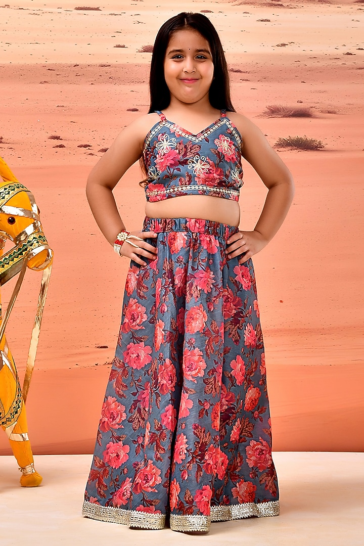 Grey Chanderi Floral Printed Lehenga Set For Girls by Bannhi by Priyanka Rathore - kids at Pernia's Pop Up Shop