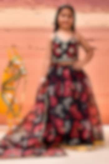 Black Organza Floral Printed Lehenga Set For Girls by Bannhi by Priyanka Rathore - kids at Pernia's Pop Up Shop