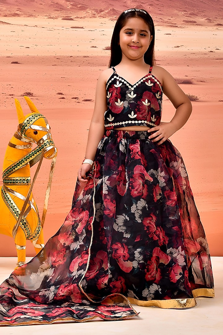 Black Organza Floral Printed Lehenga Set For Girls by Bannhi by Priyanka Rathore - kids at Pernia's Pop Up Shop