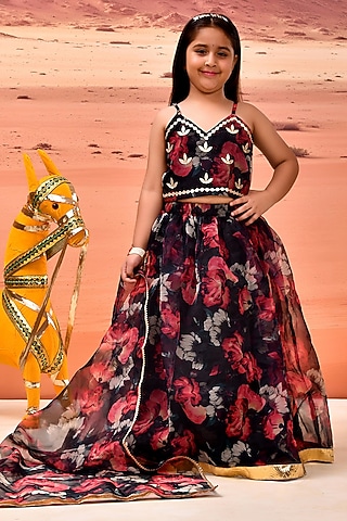 Black Organza Floral Printed Lehenga Set For Girls by Bannhi by Priyanka Rathore - kids