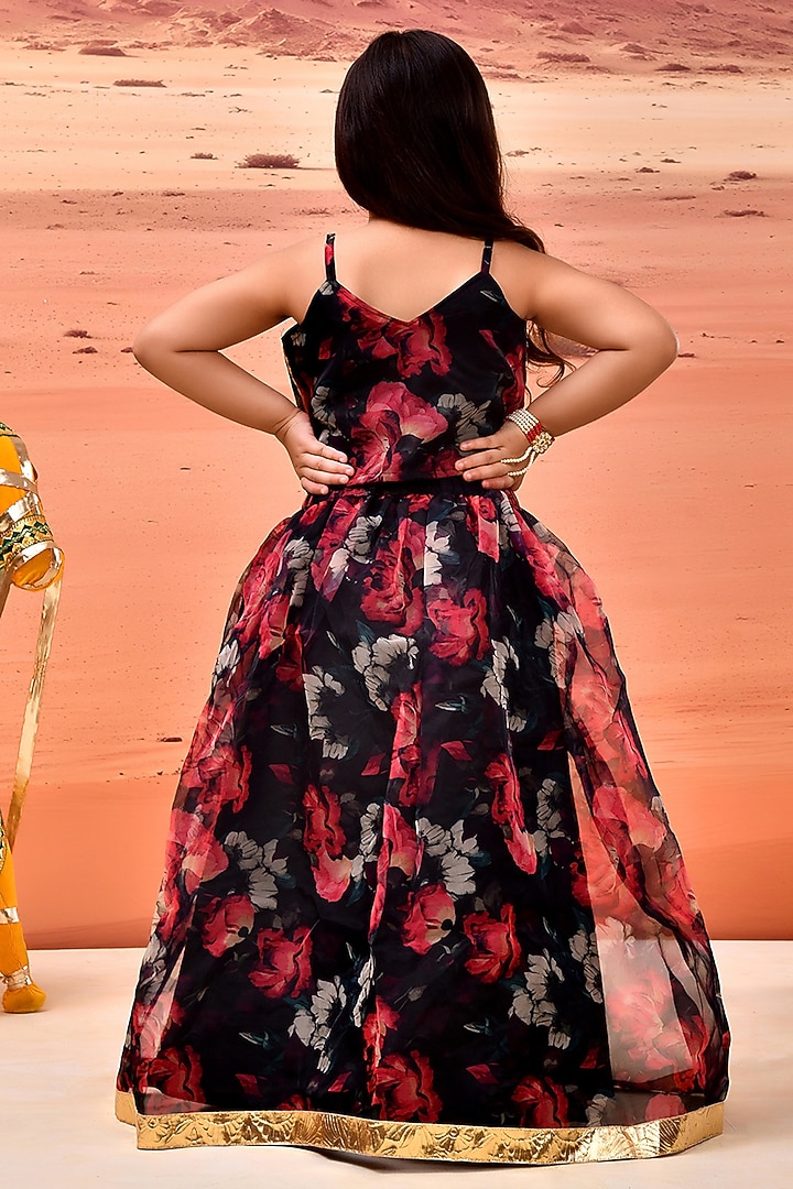 Black Organza Floral Printed Lehenga Set For Girls by Bannhi by Priyanka Rathore - kids at Pernia's Pop Up Shop