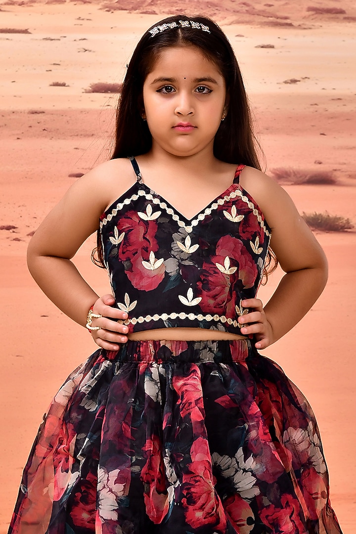 Black Organza Floral Printed Lehenga Set For Girls by Bannhi by Priyanka Rathore - kids at Pernia's Pop Up Shop